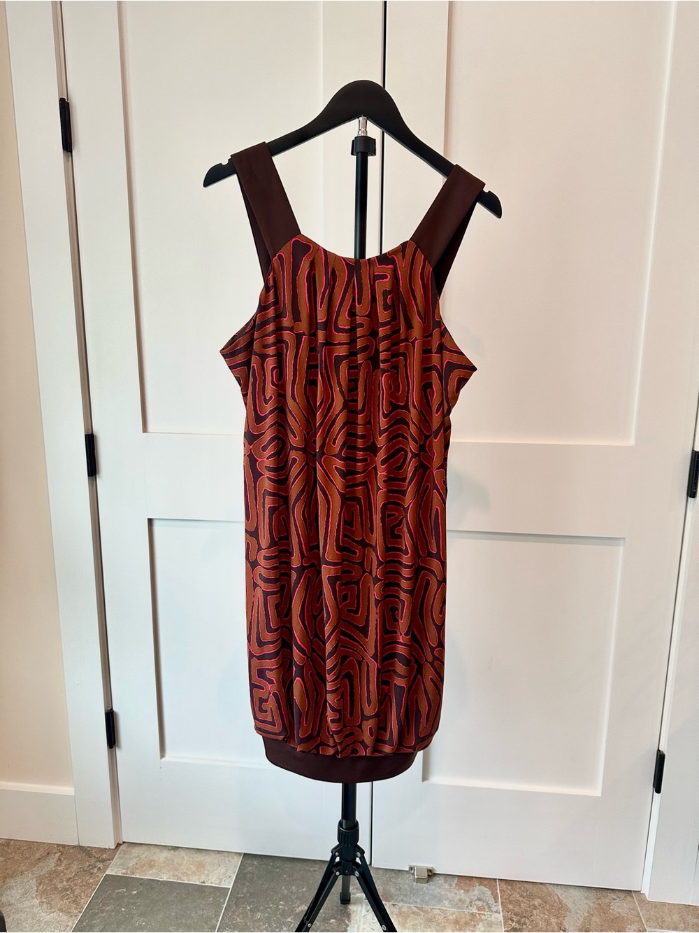 Wisp Size 14 Brown Pink Abstract Print Sleeveless Dress Retro Geometric Shift